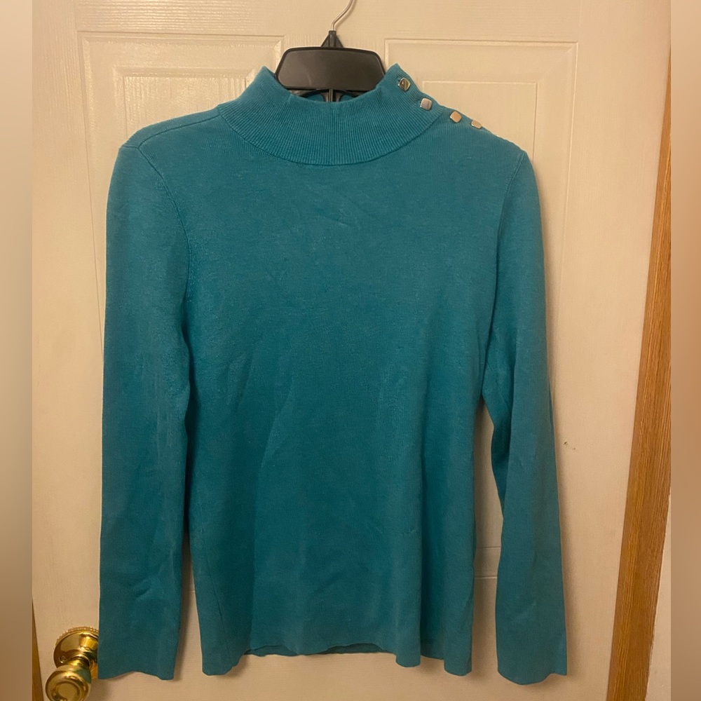 Chico's Teal Ribbed Mock Neck Sweater with Button Detail